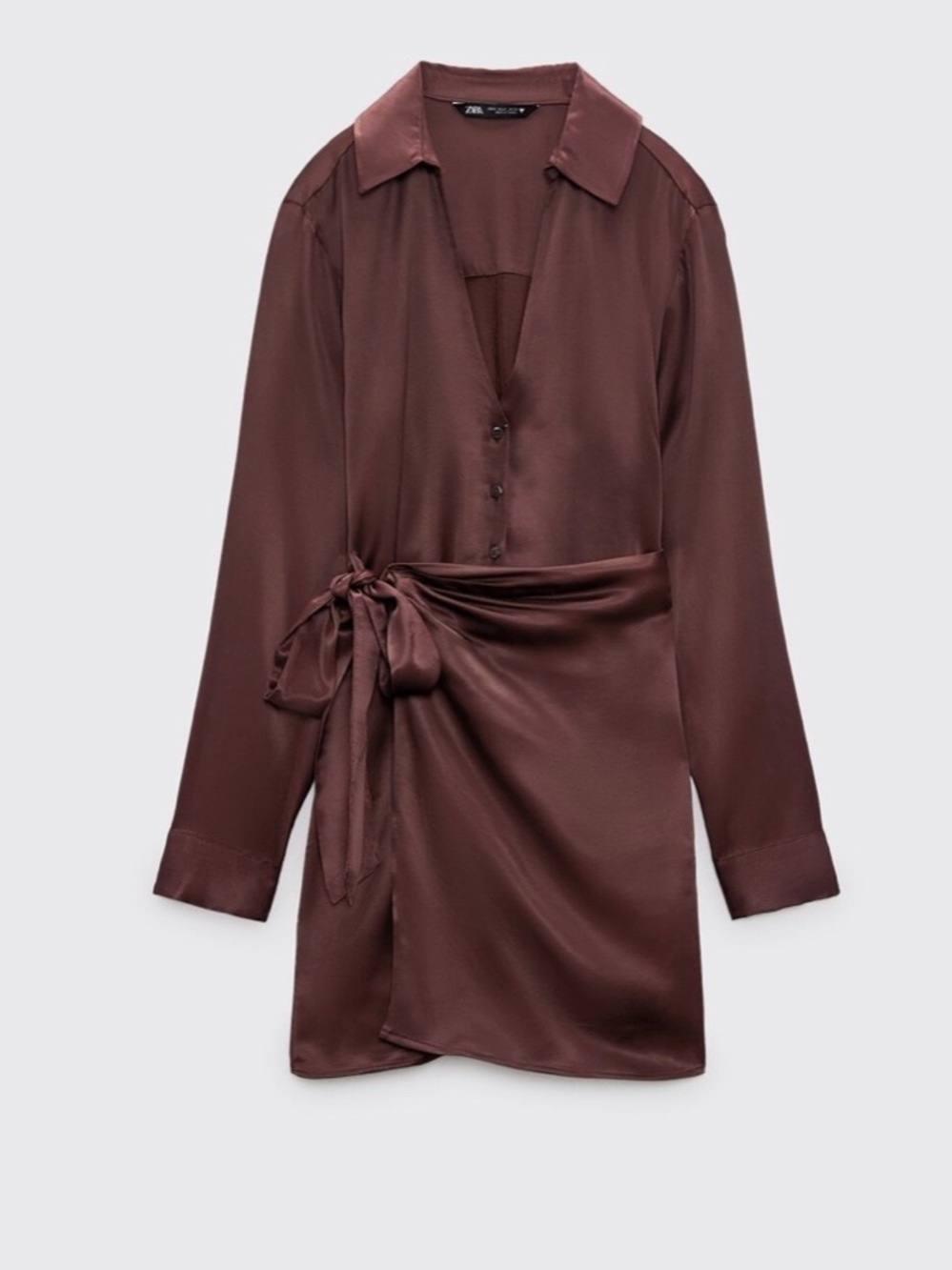 Zara Chocolate Brown Satin Wrap Shirt Dress